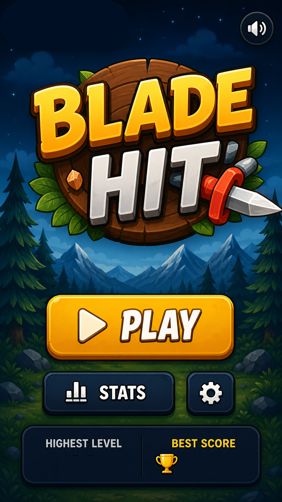 Blade Hit home screen with a Play button, statistics and best score.