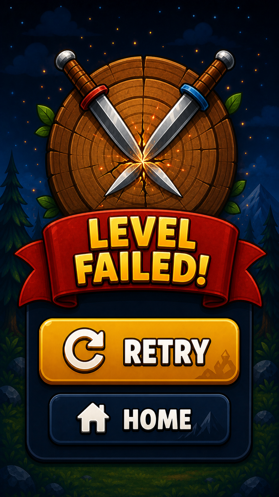 Level failed. Retry or return Home.