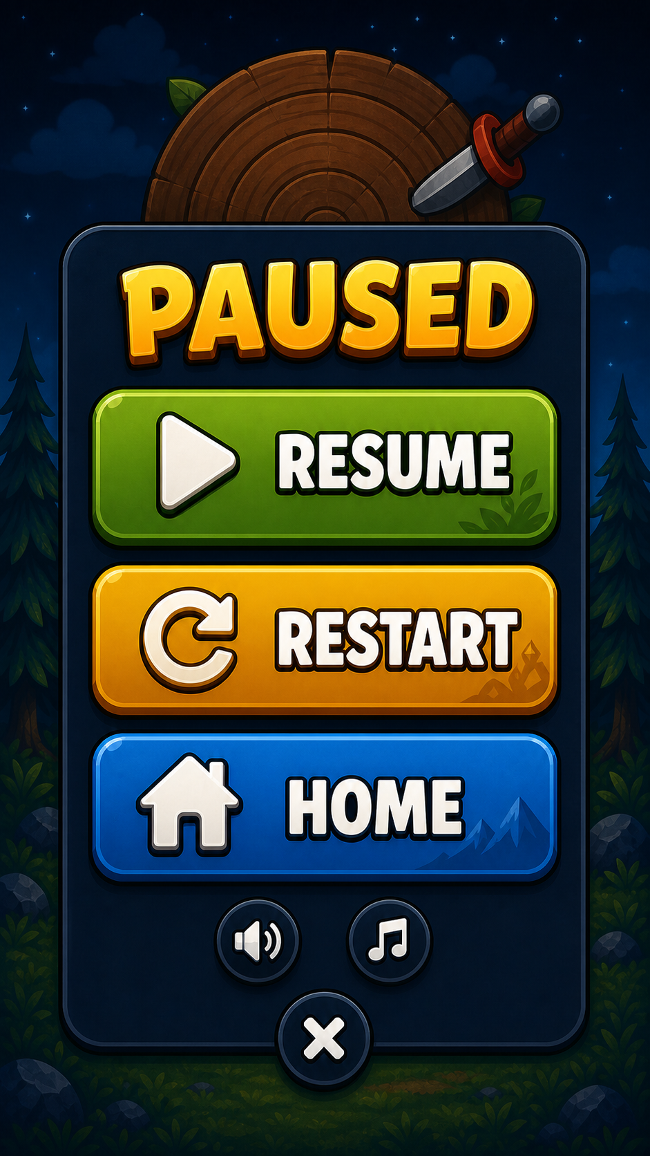 Paused game menu with Resume, Restart, Home, sound and music controls.