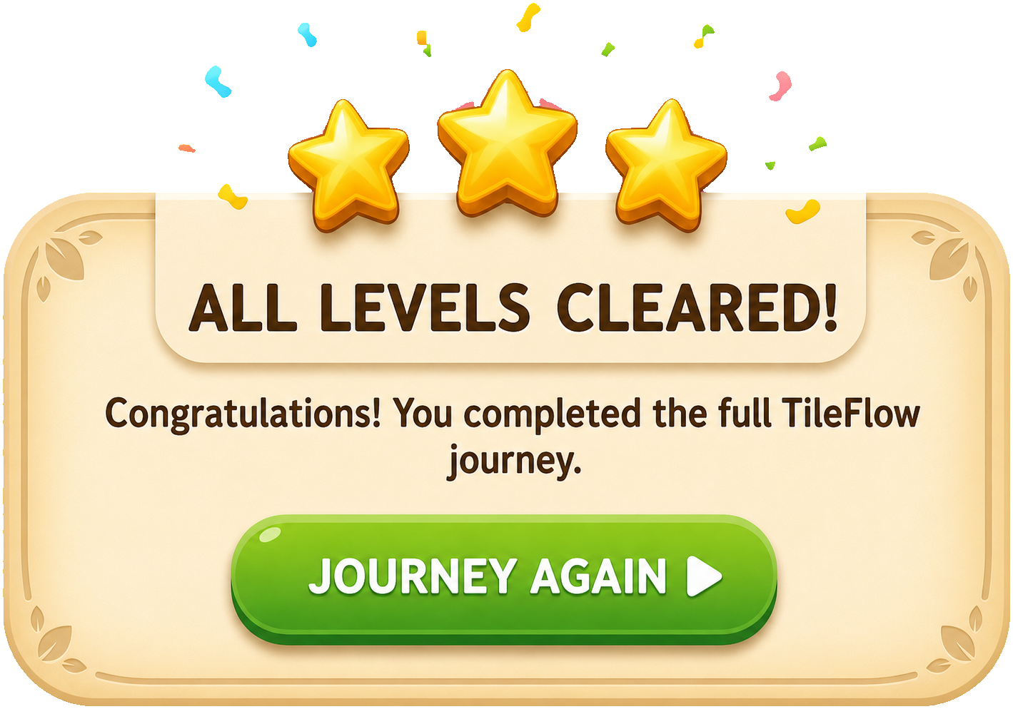 All levels cleared celebration with three stars and Journey Again button