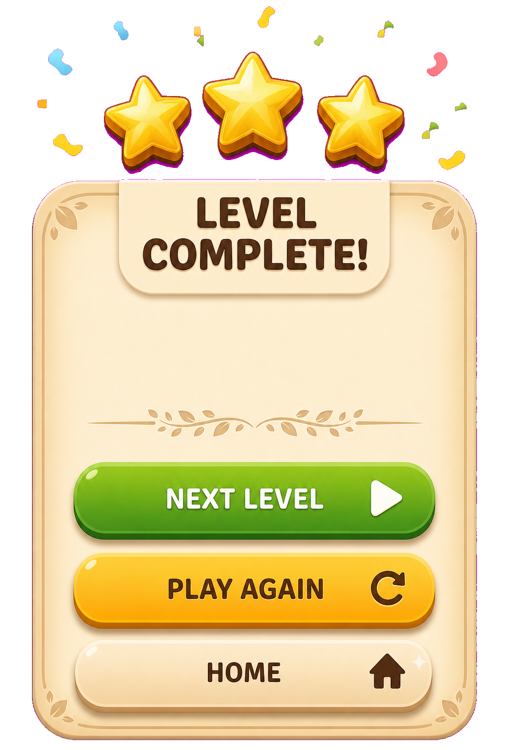 Level complete menu with three stars, Next Level, Play Again, and Home buttons