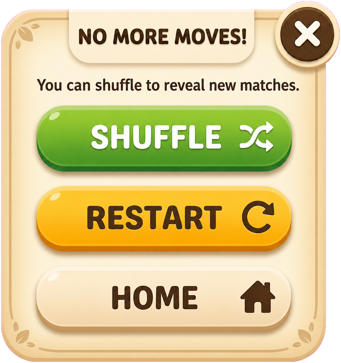 No more moves menu with Shuffle, Restart, and Home buttons