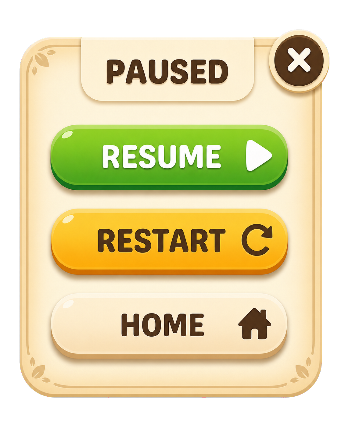 Paused menu with Resume, Restart, and Home buttons