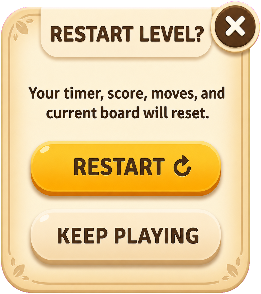 Restart level confirmation with Restart and Keep Playing buttons