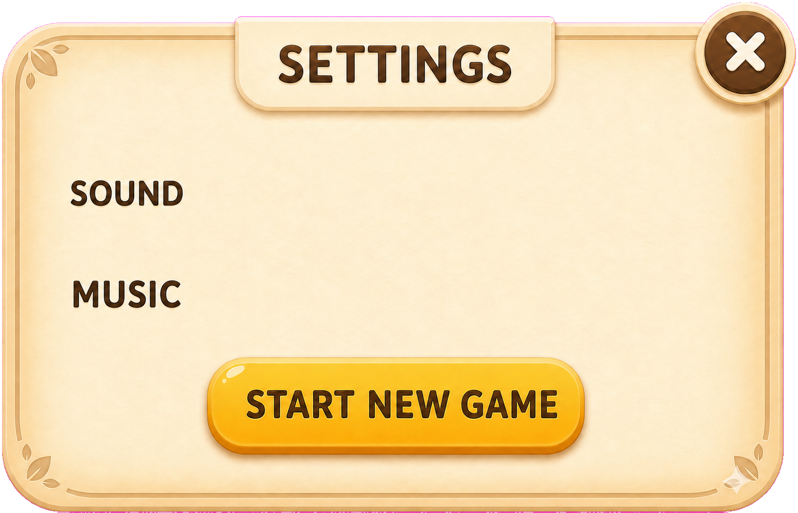 Settings menu with Sound, Music, and Start New Game controls
