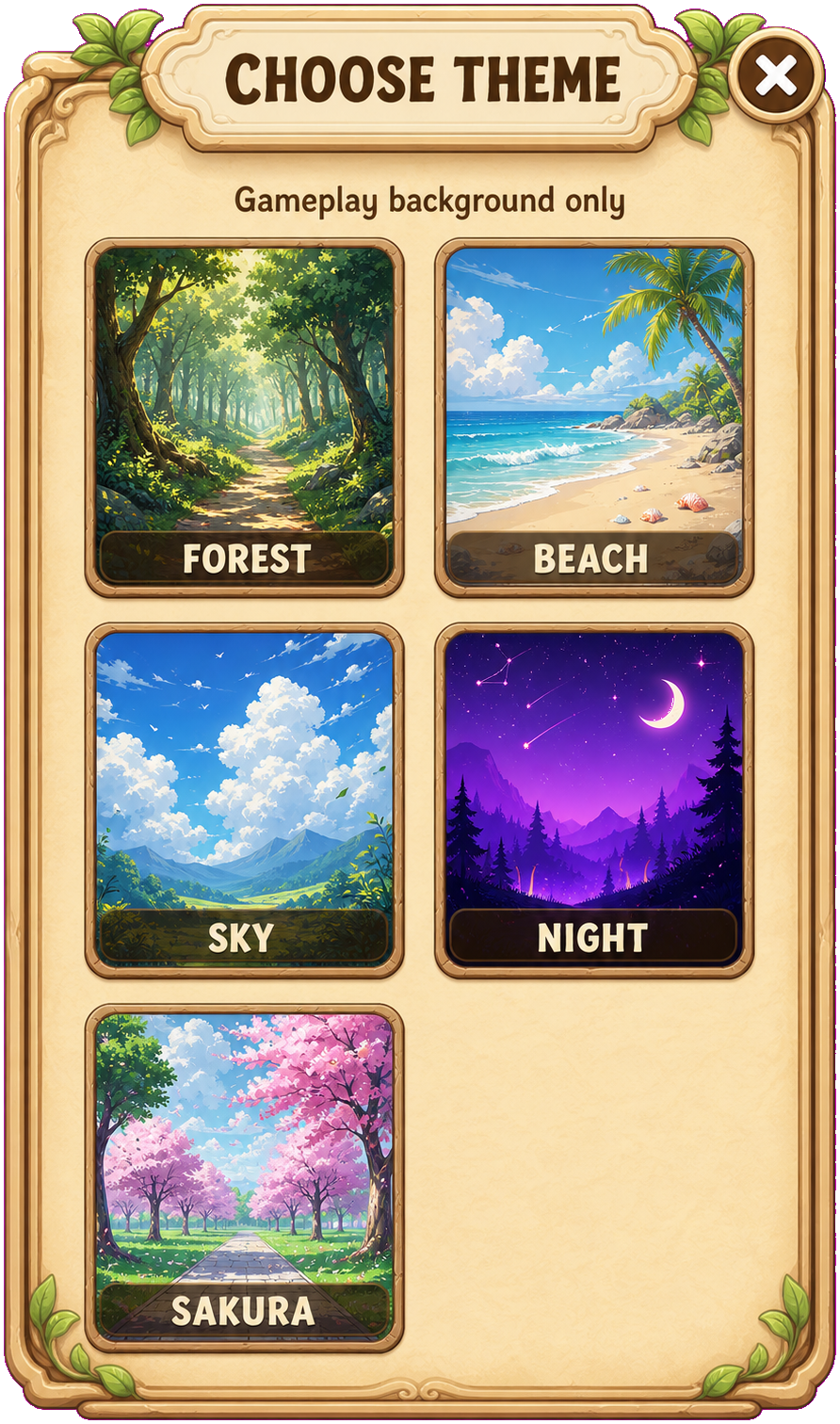 Choose Theme menu with Forest, Beach, Sky, Night, and Sakura backgrounds