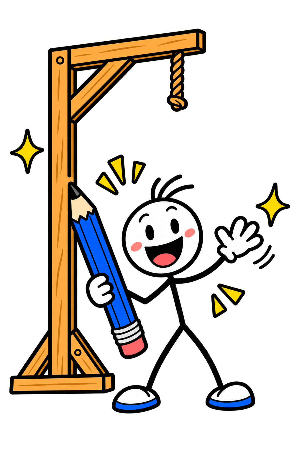 Friendly Hangman character holding a pencil